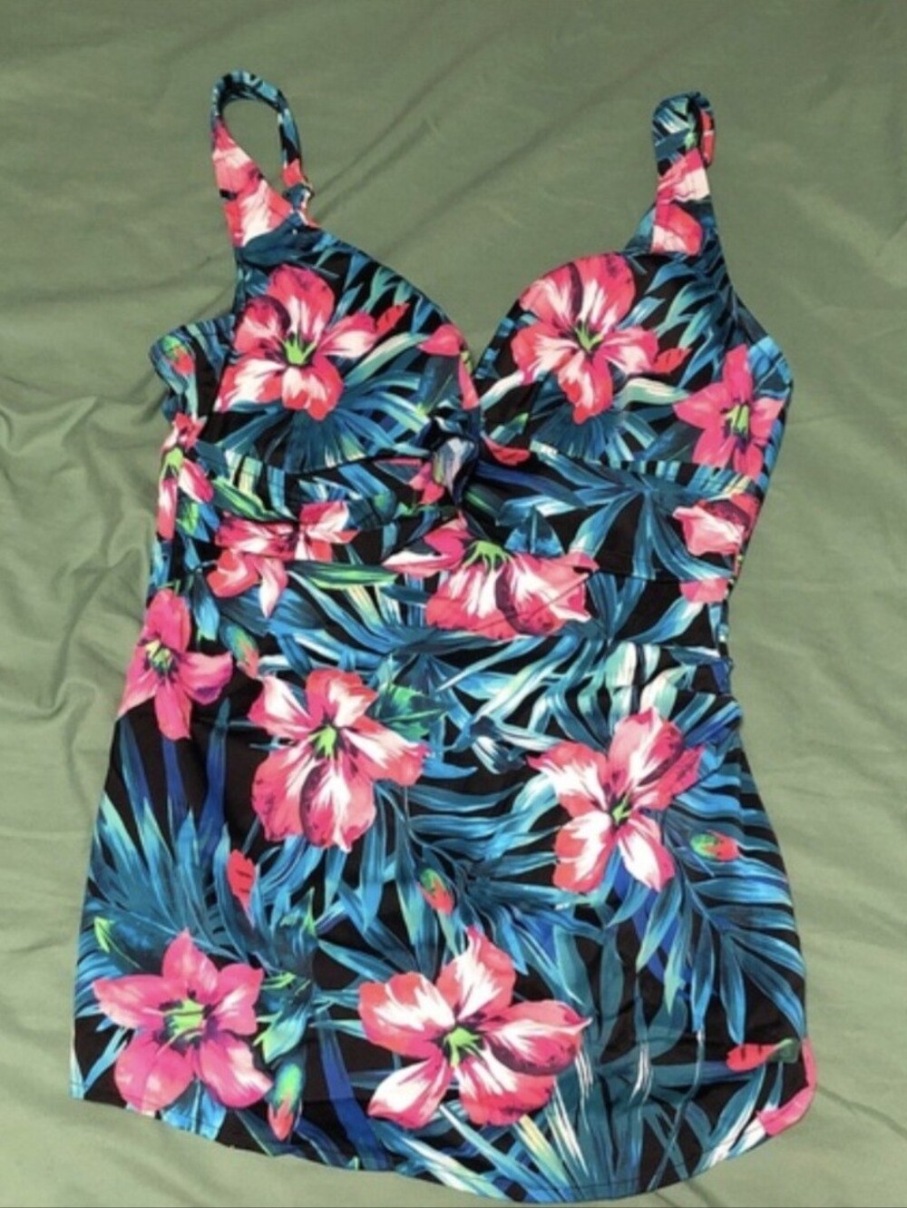 croft & barrow Black One-Piece Swimsuit with Pink Floral and Blue Leaf Print